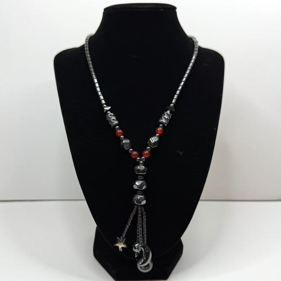 Necklace Jewelry - Hematite Y Necklace Star & Moon Charms Red Accent Glass Beads Jewelry 17.5 in L